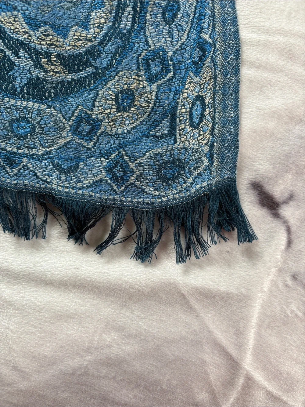 Blue Paisley Floral Boho Chic 100% Silk Scarf Wrap with Fringe - XL 80x27
